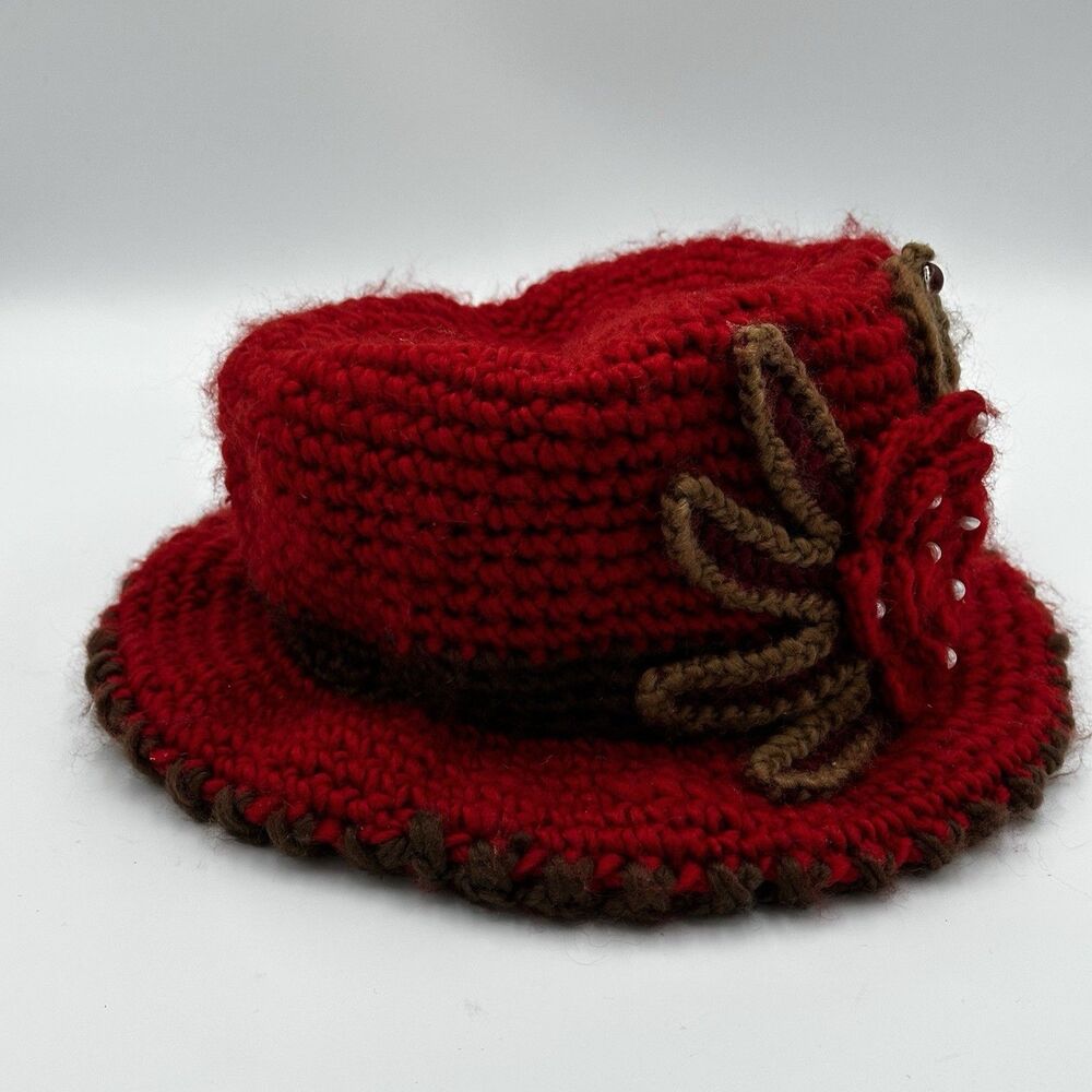 Crochet Red/Brown Knit Cloche Bucket Hat Women Winter Beanies Cap w flower Lined - Picture 7 of 10